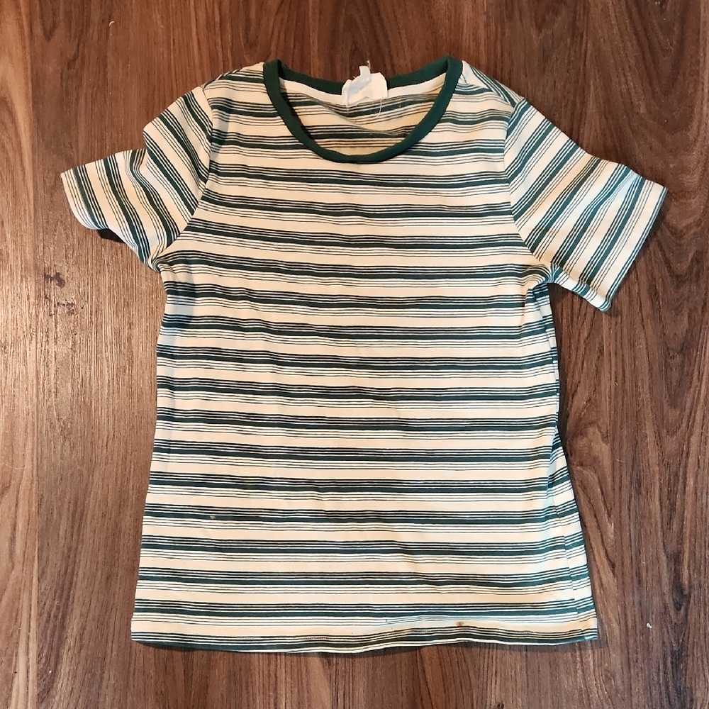Striped Short Sleeve Tee in Cream and Green - Women's Casual Top